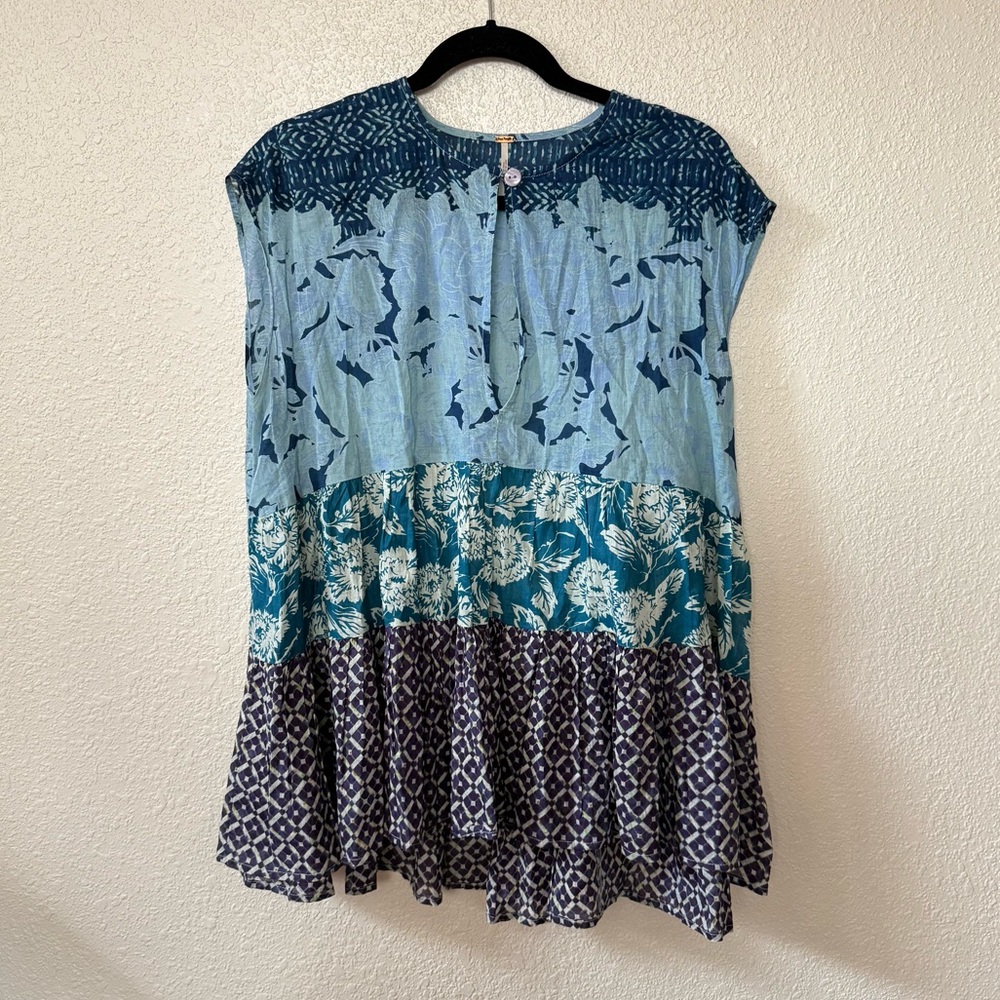 Free People Blue & Cream Printed Gotta Have You Tunic Blouse Extra Small